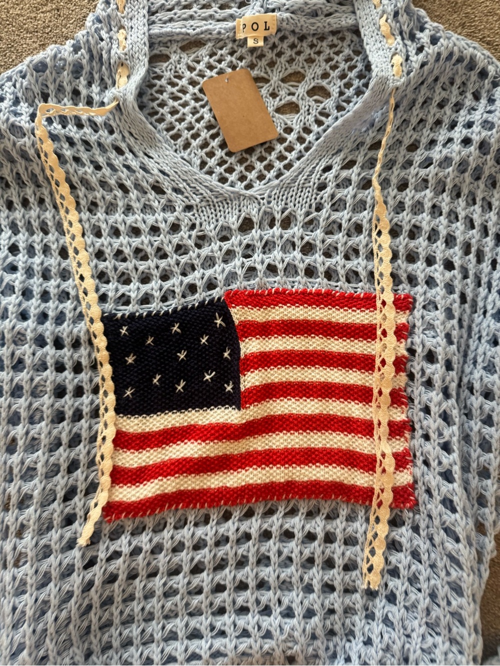 POL Light Blue Crochet Hooded Tunic with American Flag. Small - Picture 2 of 3
